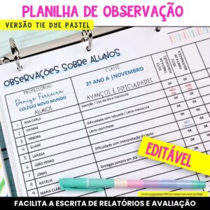 Planilha de Observação de Alunos Editável - Pastel