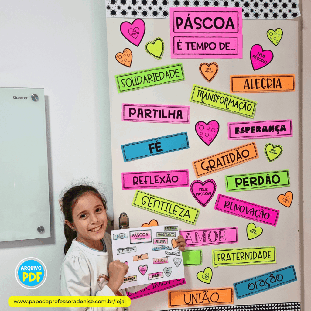 Decoração Significado da Páscoa montada na porta da classe com valores coloridos