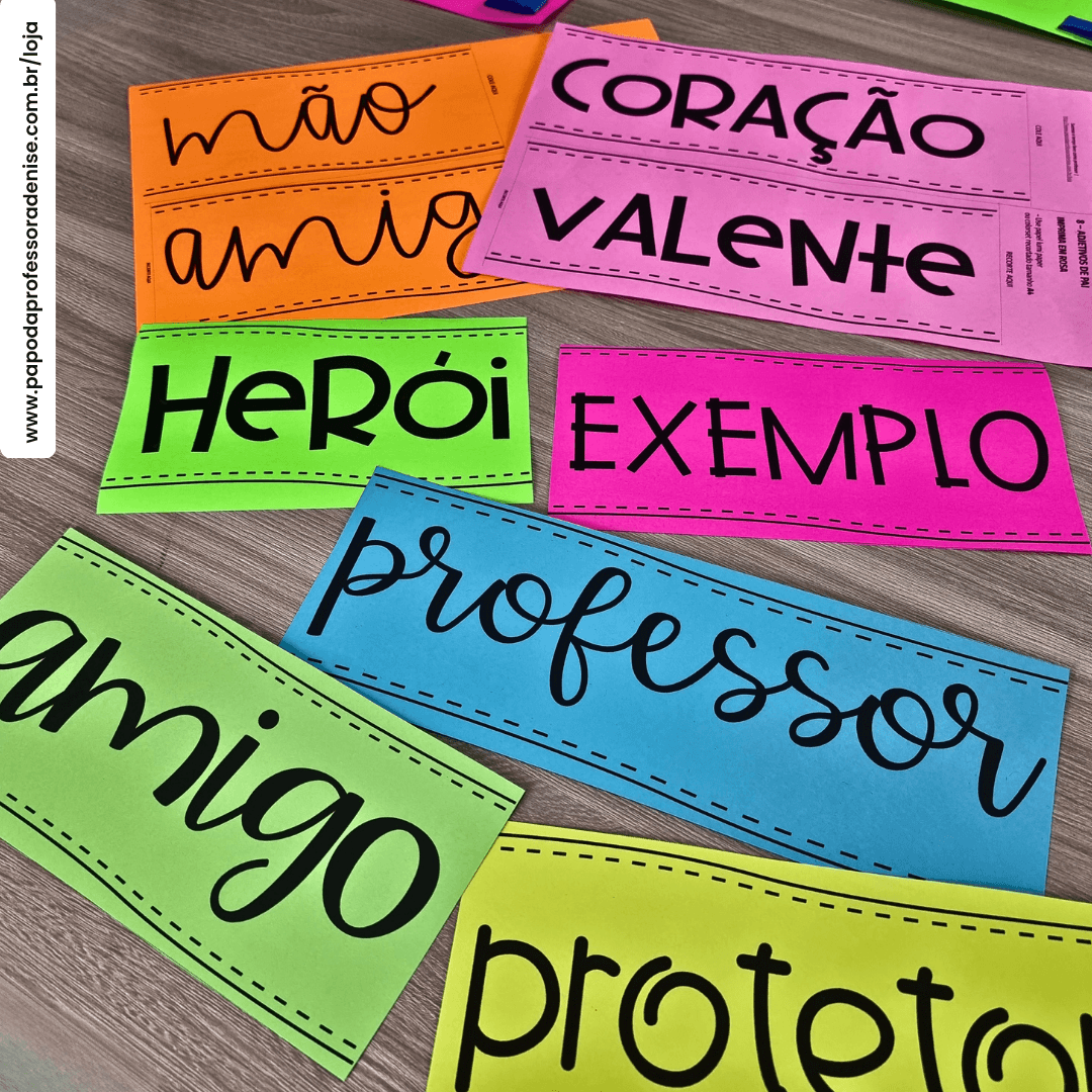 Decoração e Atividade Adjetivos de Pai 5 adjetivos de pai recortados em papel colorido